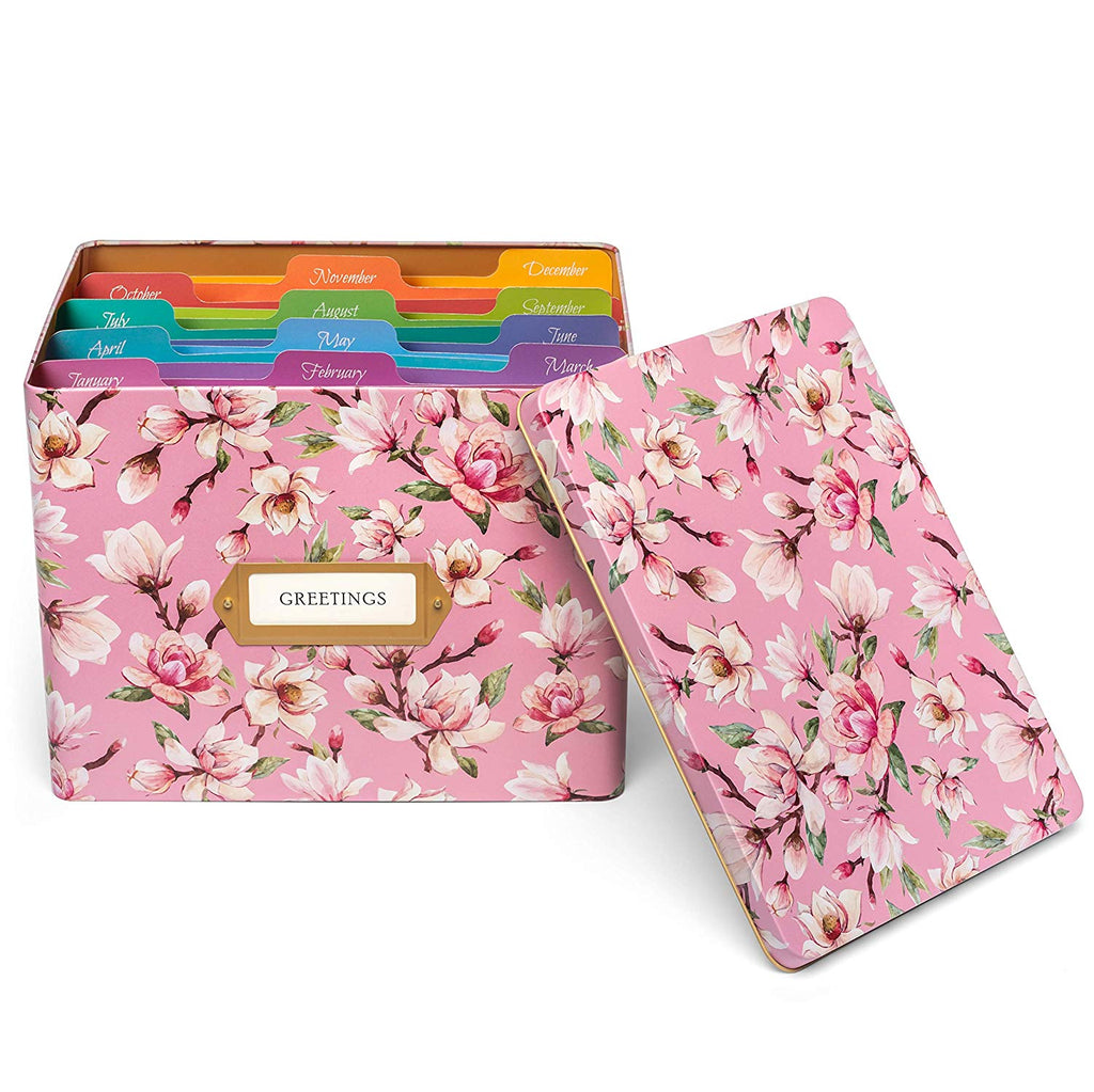 Greeting Card Organizer Tin Box Kit with Dividers, Cards, and Envelopes (Magnolia)