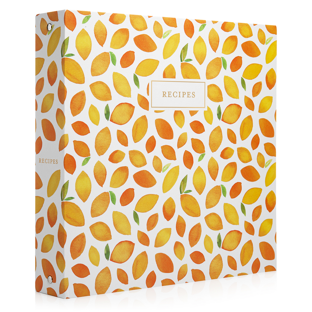 a letter size recipe binder with a lovely watercolor tossed lemon pattern