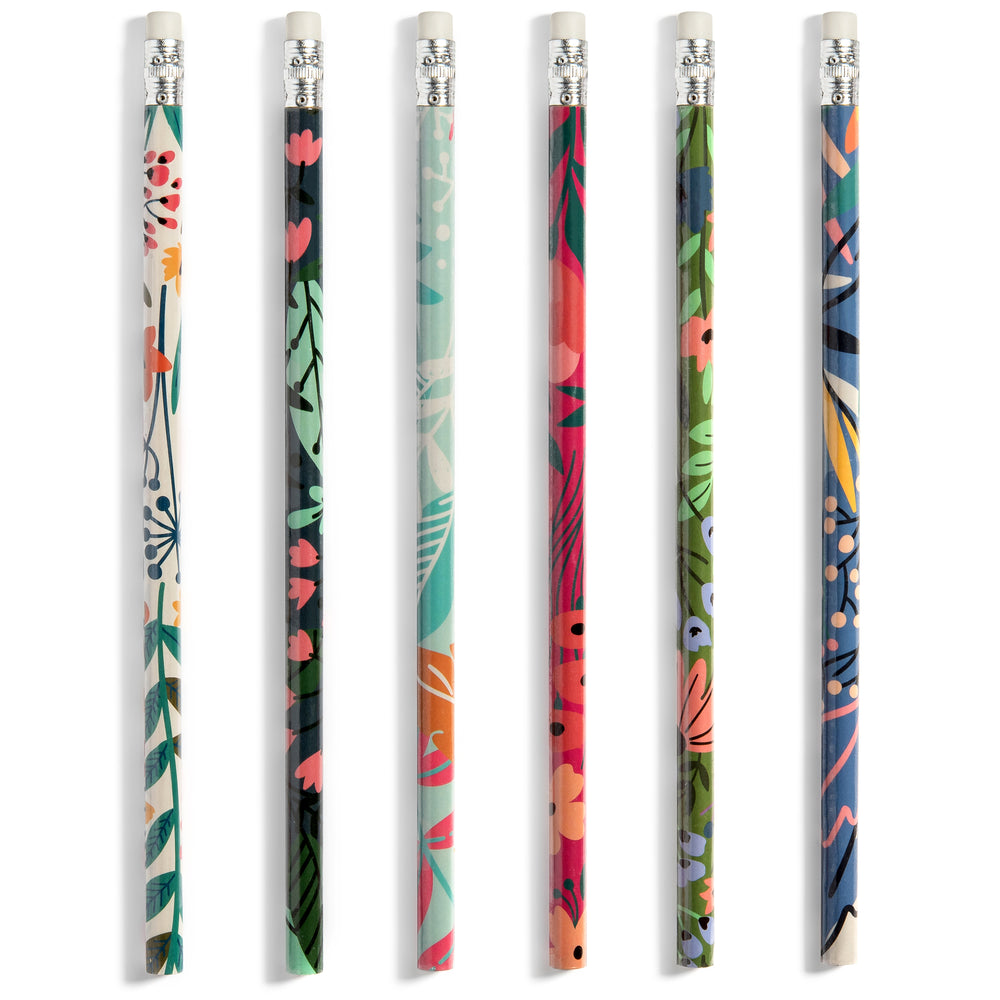 Floral Pencils | Set of Six Premium Wood Pencils with Decorative Wild Flower Themed Designs