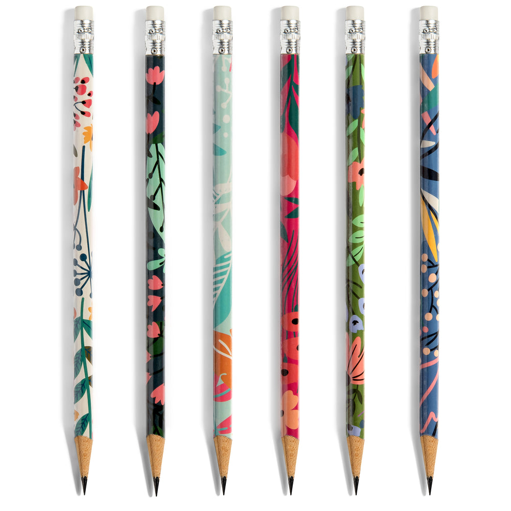 Floral Pencils | Set of Six Premium Wood Pencils with Decorative Wild Flower Themed Designs