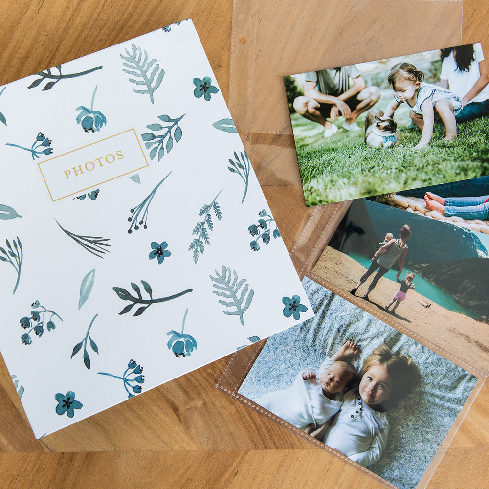 Photo Album Set - Clear Pocket Sleeves, 6 Tab Dividers, 3-Ring Binder 8.5" x 9.5" (Indigo Floral)