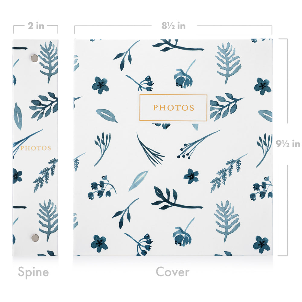 Photo Album Set - Clear Pocket Sleeves, 6 Tab Dividers, 3-Ring Binder 8.5" x 9.5" (Indigo Floral)