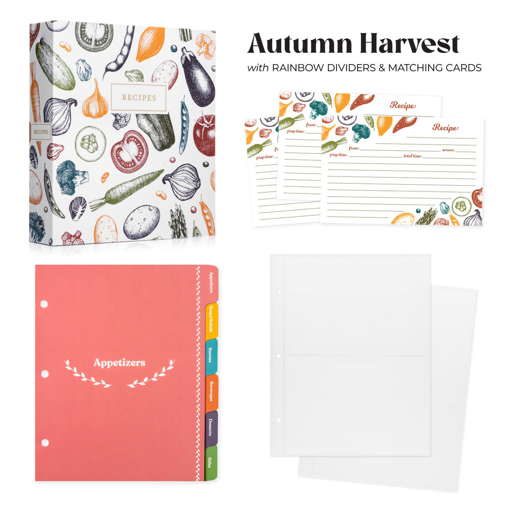 Recipe Binder Kit 8.5x9.5 (Autumn Harvest) - Recipes Binder, 4x6in Recipe Cards, Rainbow Dividers, and Protective Sleeves