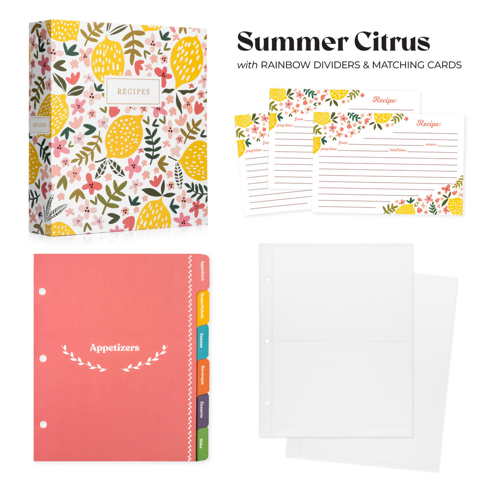 Recipe Binder Kit 8.5x9.5 (Summer Citrus) - Recipes Binder, 4x6in Recipe Cards, Rainbow Dividers, and Protective Sleeves