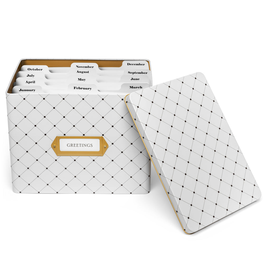 Greeting Card Organizer Tin Box Kit with Dividers, Cards, and Envelopes (Dots)