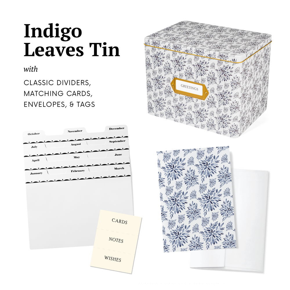 Greeting Card Organizer Tin Box Kit with Dividers, Cards, and Envelopes (Indigo Leaves)