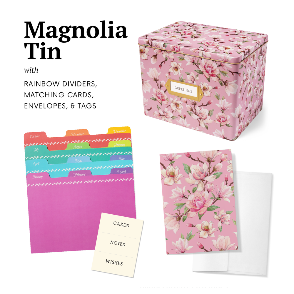 Greeting Card Organizer Tin Box Kit with Dividers, Cards, and Envelopes (Magnolia) Greeting Card Organizer Tin Box Kit with Dividers, Cards, and Envelopes (Magnolia)