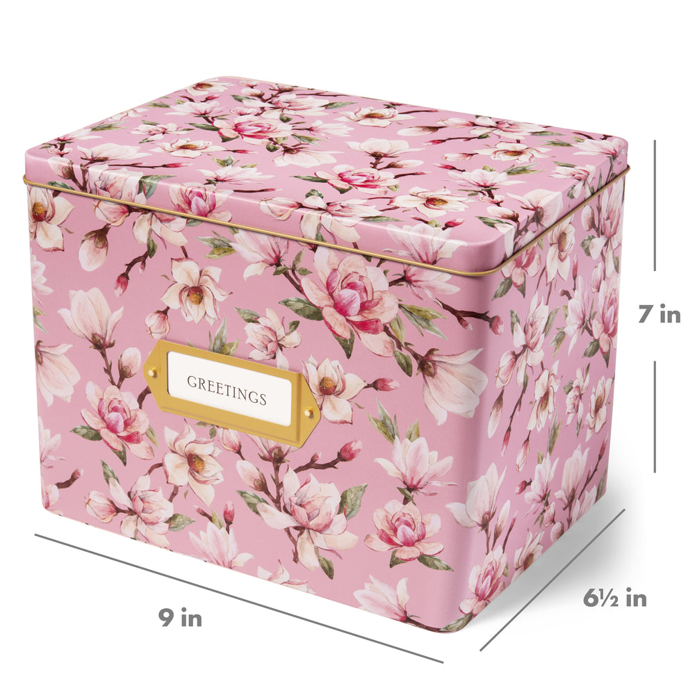 Greeting Card Organizer Tin Box Kit with Dividers, Cards, and Envelopes (Magnolia)