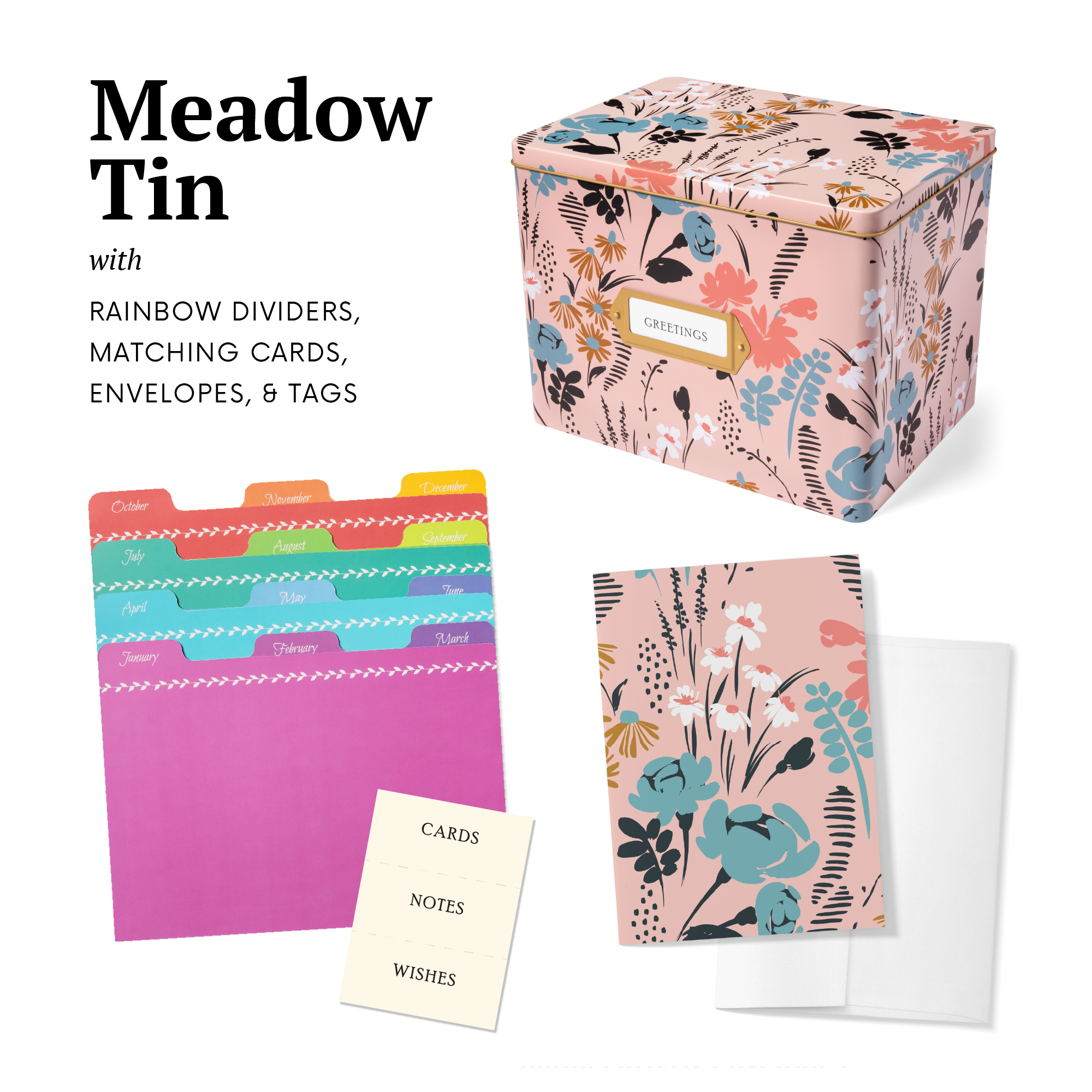 Greeting Card Organizer Tin Box Kit with Dividers, Cards, and