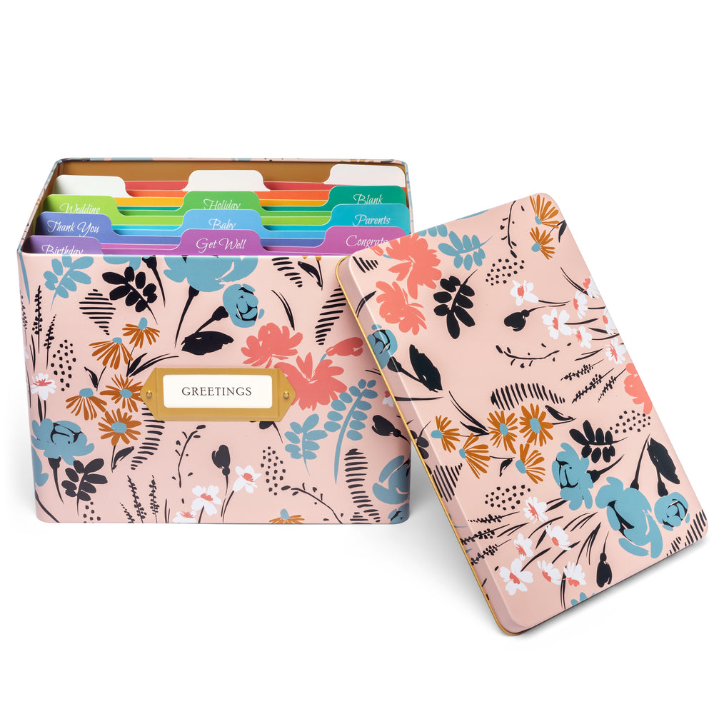 Greeting Card Organizer Tin Box Kit with Dividers Cards and