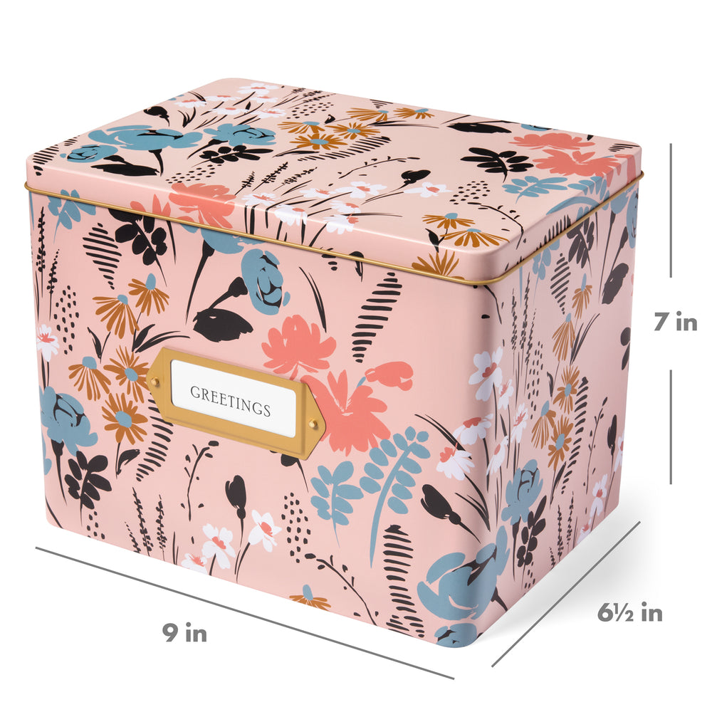 Greeting Card Organizer Tin Box Kit with Dividers, Cards, and Envelopes (Meadow)