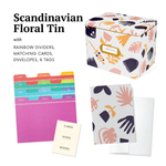 Greeting Card Organizer Tin Box Kit with Dividers, Cards, and Envelopes (Scandinavian Floral)