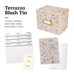 Greeting Card Organizer Tin Box Kit with Dividers, Cards, and Envelopes (Terrazzo Blush)