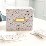 Greeting Card Organizer Tin Box Kit with Dividers, Cards, and Envelopes (Terrazzo Blush)