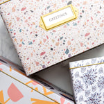 Greeting Card Organizer Tin Box Kit with Dividers, Cards, and Envelopes (Terrazzo Blush)