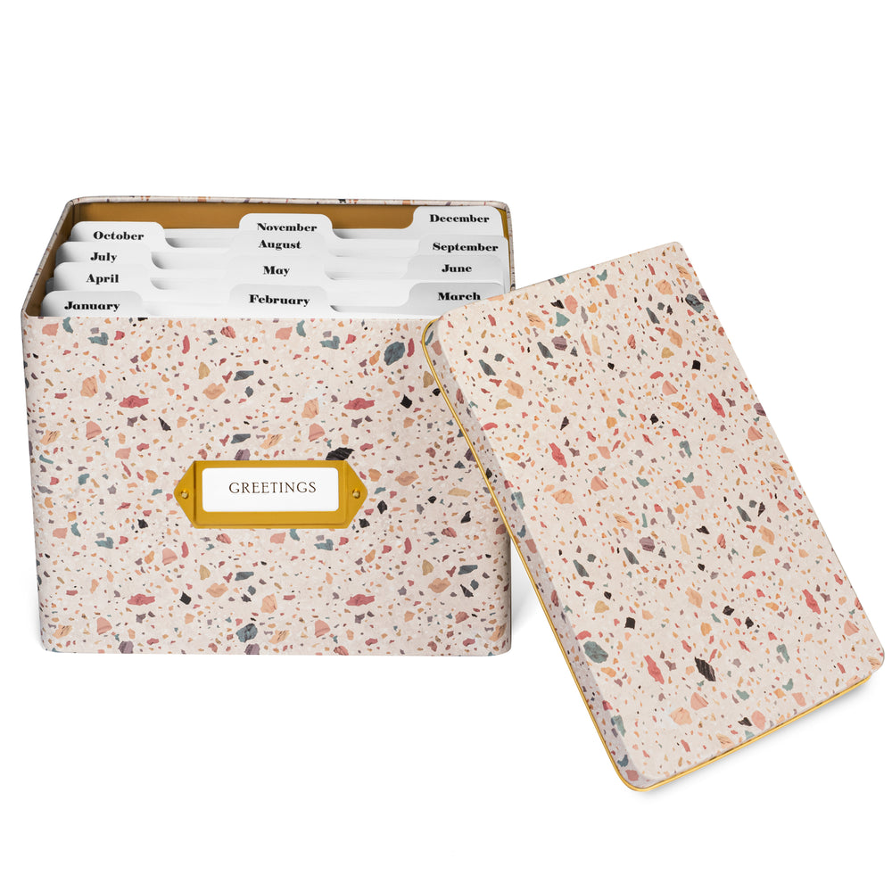 Greeting Card Organizer Tin Box Kit with Dividers, Cards, and Envelopes (Terrazzo Blush)