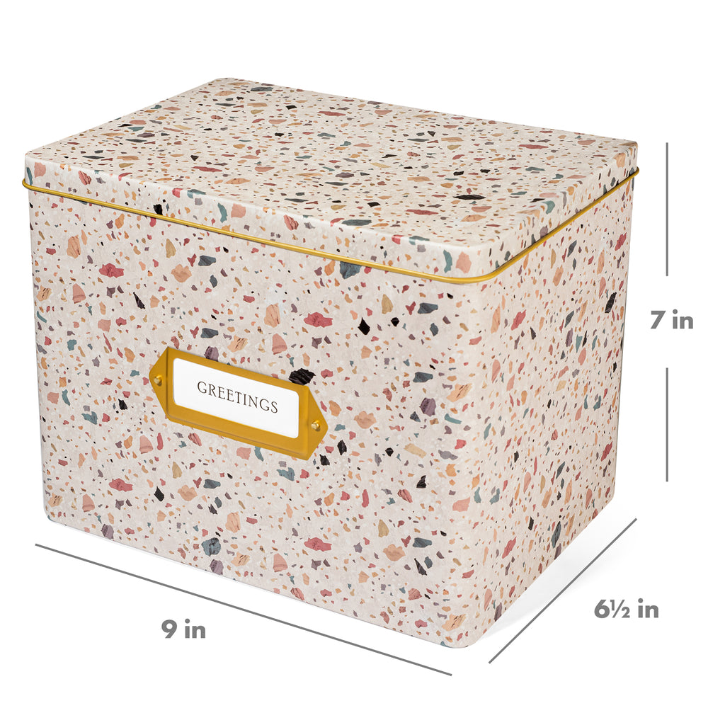 Greeting Card Organizer Tin Box Kit with Dividers, Cards, and Envelopes (Terrazzo Blush)