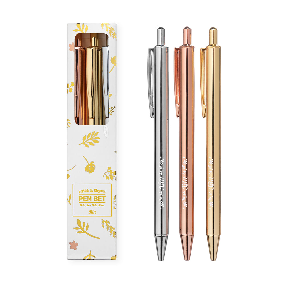 Metallic Variety Pen Set | Gold, Silver, Rose Gold Pens in Foil Printed Gift Box (3 ball-point pens)