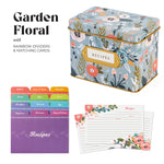 Recipe Tin Kit - Garden Floral Tin, 50 4x6 in Recipe Cards, and 24 Rainbow Index Dividers