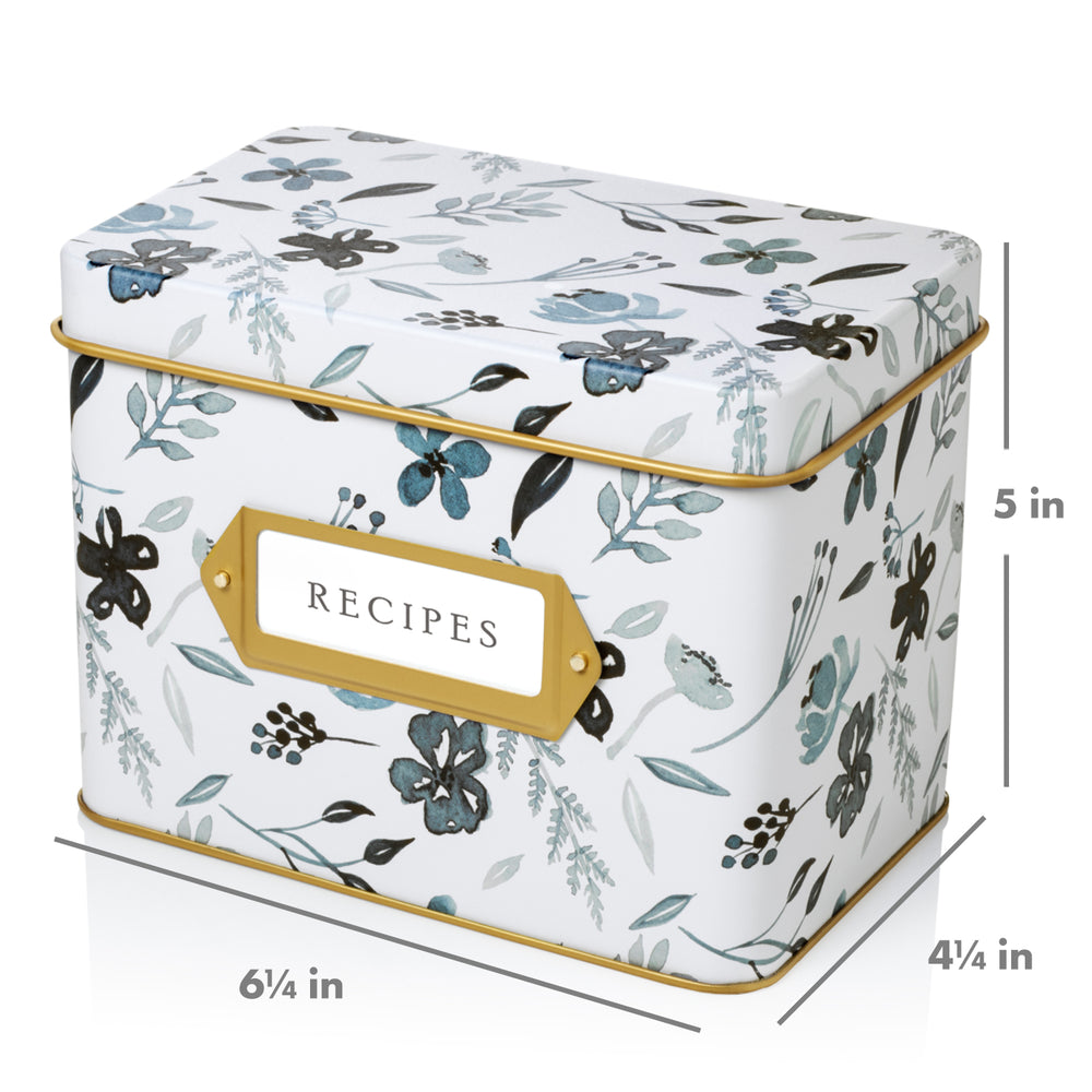 Recipe Tin Kit - Indigo Floral Tin, 50 4x6 in Recipe Cards, and 24 Classic Index Dividers