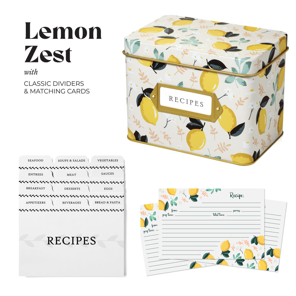 Recipe Tin Kit - Lemon Zest Tin, 50 4x6 in Recipe Cards, and 24 Classic Index Dividers