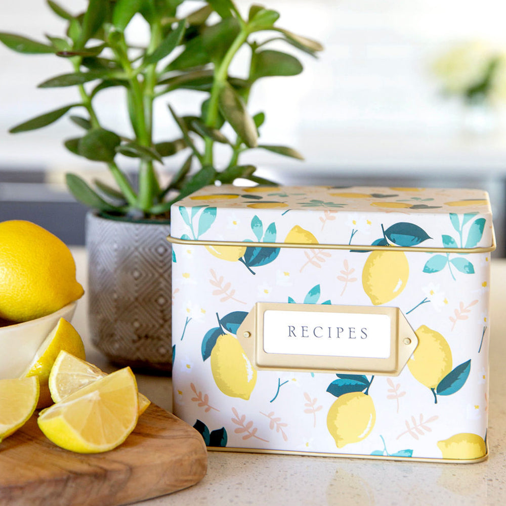 Recipe Tin Kit - Lemon Zest Tin, 50 4x6 in Recipe Cards, and 24 Classic Index Dividers