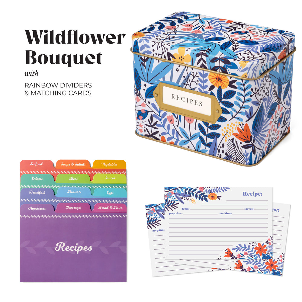 Recipe Tin Kit - Wildflower Tin, 50 4x6 in Recipe Cards, and 24 Rainbow Index Dividers