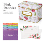 Recipe Tin Kit - Pink Peonies Tin, 50 4x6 in Recipe Cards, and 24 Rainbow Index Dividers