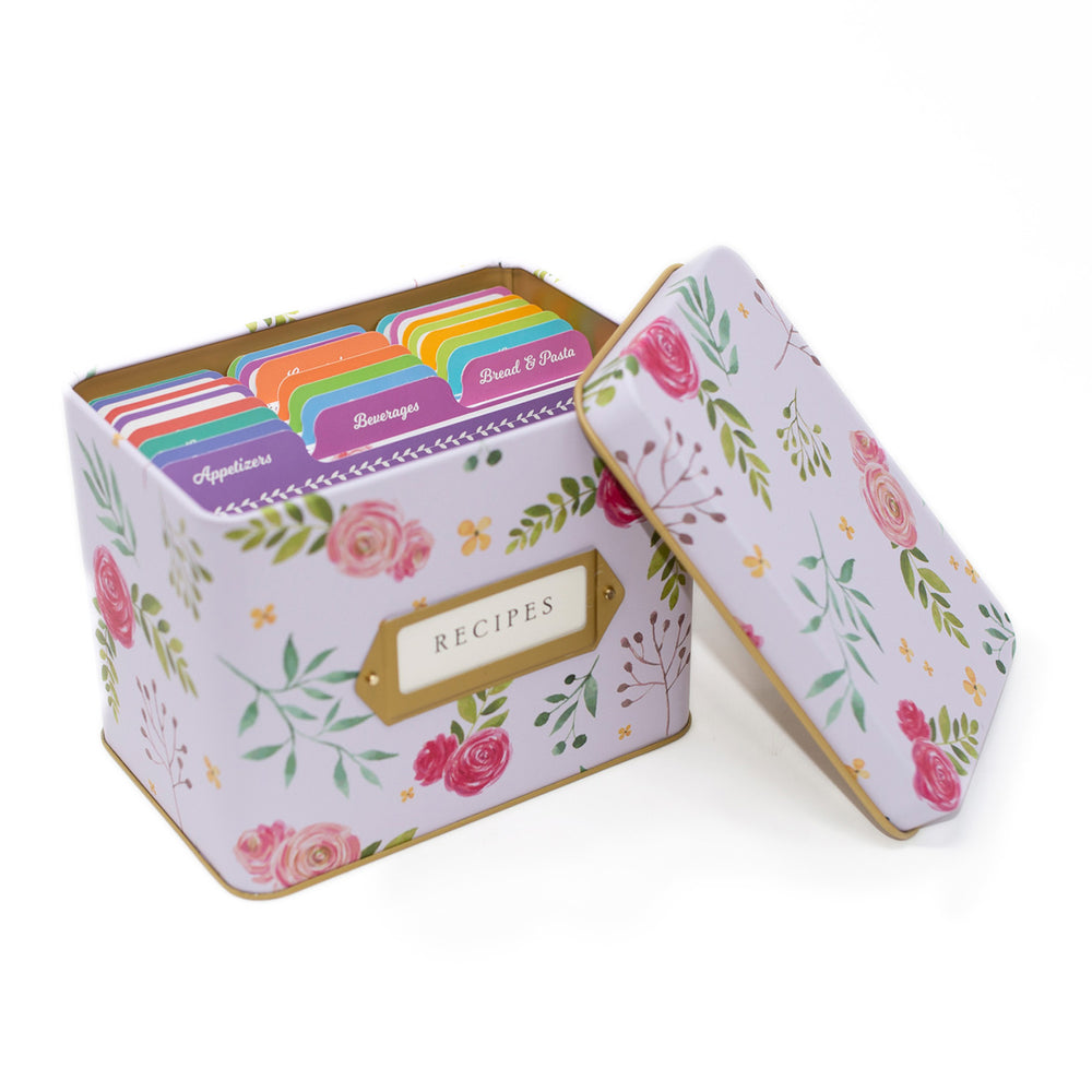 Recipe Tin Kit - Pink Peonies Tin, 50 4x6 in Recipe Cards, and 24 Rainbow Index Dividers