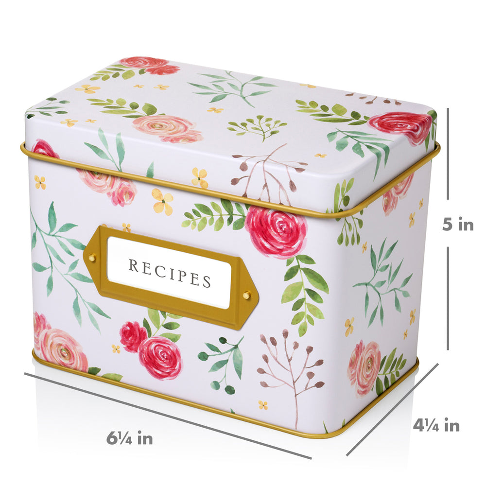 Recipe Tin Kit - Pink Peonies Tin, 50 4x6 in Recipe Cards, and 24 Rainbow Index Dividers