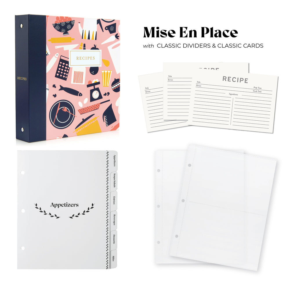 Recipe Binder Kit 8.5x9.5 (Mise en Place) - Recipes Binder, 4x6in Recipe Cards, Classic Dividers, and Protective Sleeves Recipe Binder Kit 8.5x9.5 (Mise en Place) - Recipes Binder, 4x6in Recipe Cards, Classic Dividers, and Protective Sleeves