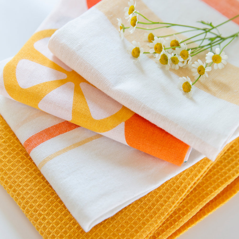 Dish Towels 100 Percent Cotton | Set of 4 for Drying and Kitchen Use  (Clementine Orange)