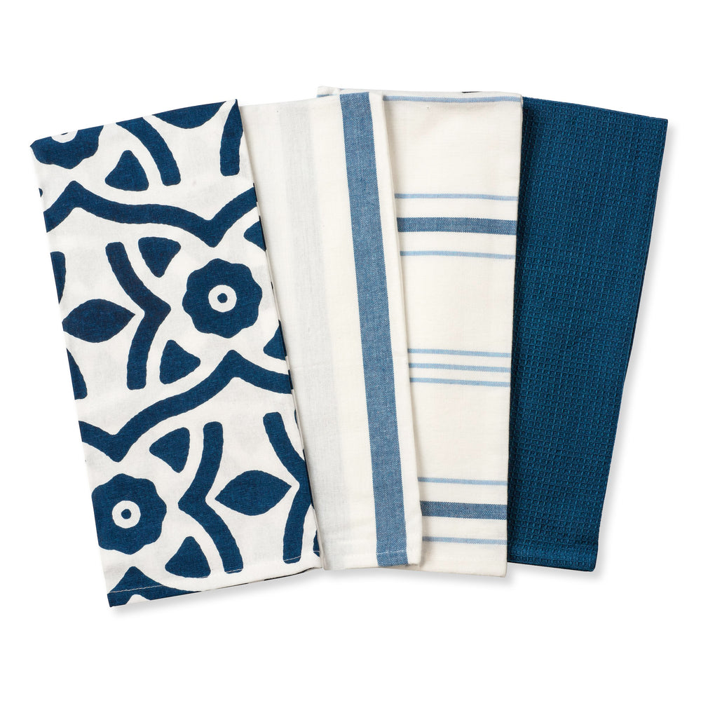 Dish Towels 100 Percent Cotton | Set of 4 for Drying and Kitchen Use (Regatta Blue)