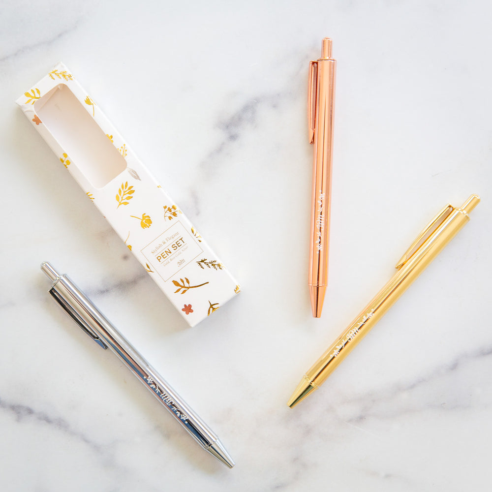 Metallic Variety Pen Set | Gold, Silver, Rose Gold Pens in Foil Printed  Gift Box (3 ball-point pens)