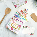 Recipe Tin Kit - Pink Peonies Tin, 50 4x6 in Recipe Cards, and 24 Rainbow Index Dividers