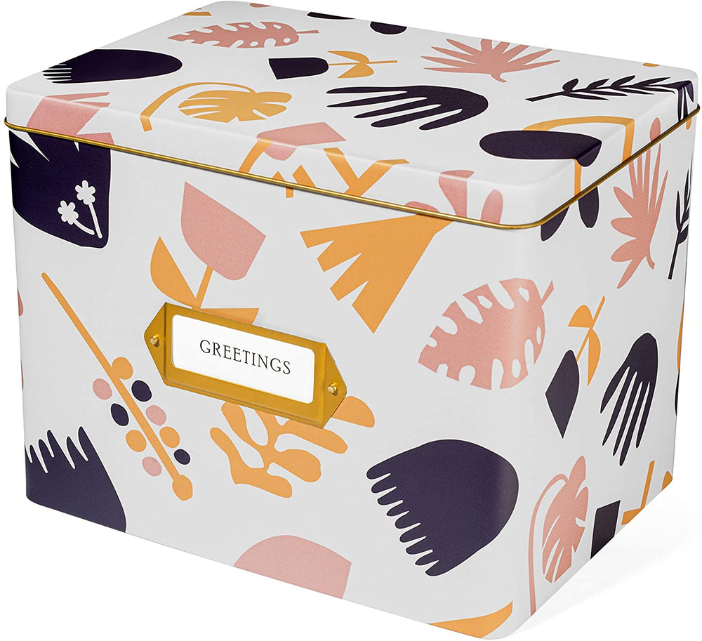 Greeting Card Organizer Tin Box Kit with Dividers, Cards, and Envelopes (Scandinavian Floral)