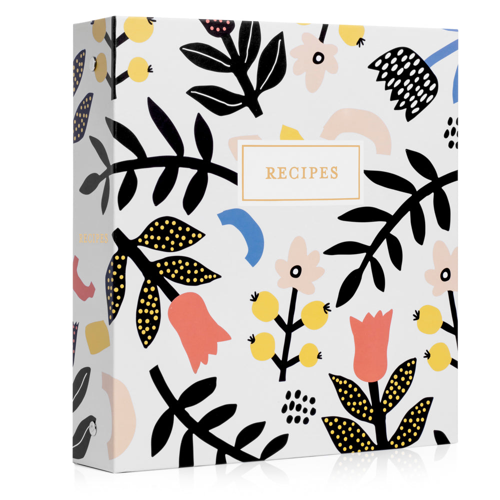 Recipe Binder Kit 8.5x9.5 (Scandinavian Floral) - Recipes Binder, 4x6in Recipe Cards, Rainbow Dividers, and Protective Sleeves