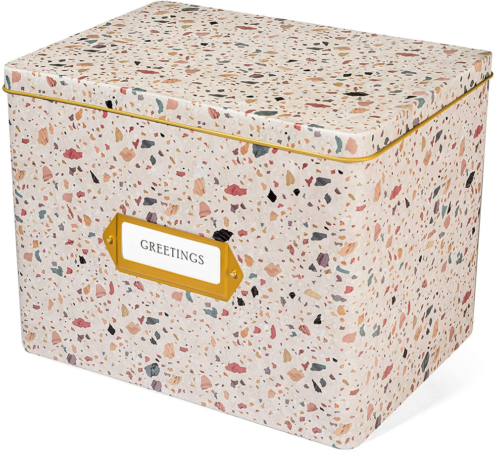 Greeting Card Organizer Tin Box Kit with Dividers, Cards, and Envelopes (Terrazzo Blush)