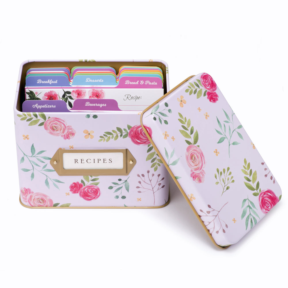 Recipe Tin Kit - Pink Peonies Tin, 50 4x6 in Recipe Cards, and 24 Rainbow Index Dividers